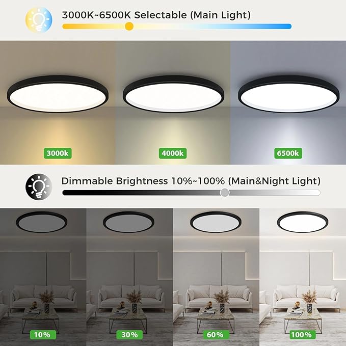 zemty 23 Inch LED Ceiling Light with Night Light 1800K, 50W 5000lm 3000K/4000K/6500K Dimmable Light Fixtures with Remote Control, Low Profile Ceiling Lamp for Bedroom LivingRoom Bathroom Kitchen-Black