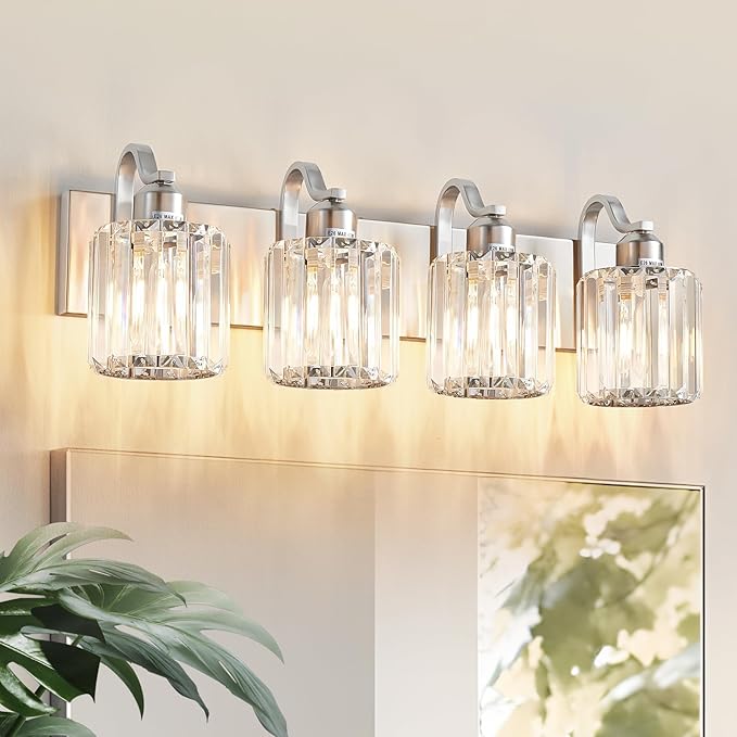 4 Lights Brushed Nickel Vanity Light Crystal Wall Light Bathroom Light Fixtures with Round Shade (Exclude Bulb)