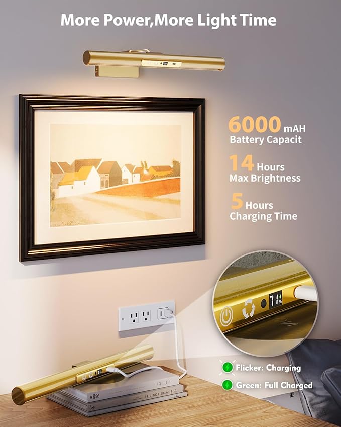 Skairipa Picture Light for Wall, 6000mAh Rechargeable Wireless Wall Lights Remote, 13'' Dimmable LED Art Painting Light with 3 Color Temps, Display for Gallery, Living Room, Hallway (Gold, 1Pack)