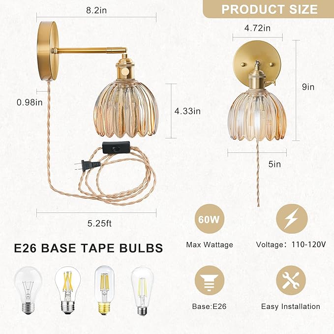 Plug in Wall Sconces Set of 2, Vintage Wall Sconce Light with Tulip Amber Glass Lampshade, Bedroom Wall Sconce with Switch and Plug in wall lamp Cord, Gold Wall Light Wall Decor Set of 2