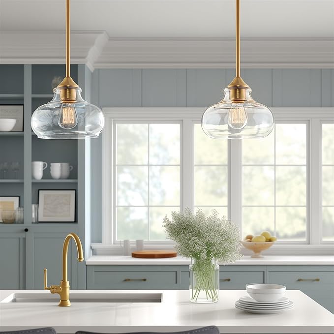 Kira Home Harlow 9" Modern Schoolhouse Pendant Light with Clear Glass Shade, Industrial Farmhouse Hanging Light with Schoolhouse Glass, Warm Brass Finish