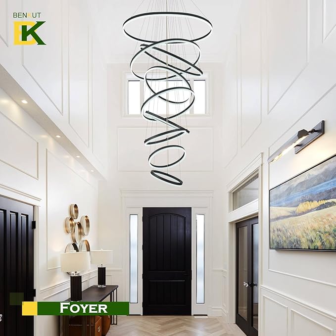 Benkut 9 Rings Modern LED Chandelier Black Dimmable Large Foyer Chandeliers Entryway High Ceiling for Staircase, High Ceiling Pendant Lights for Entryway Living Room, 3000K-6500K CCT