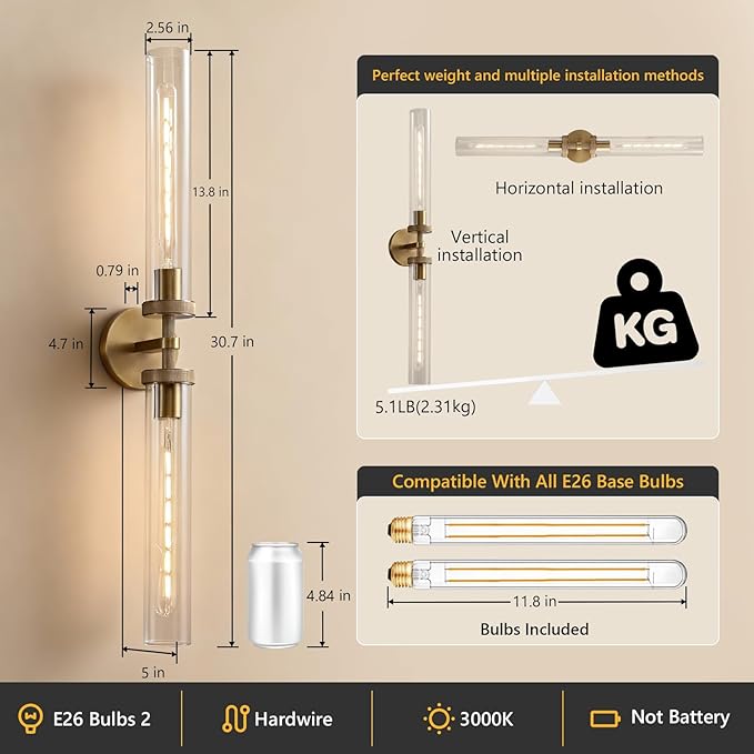 30 inch Bathroom Sconce Hardwired, Modern Bathroom Wall Sconce 2 Lights Vantiy Sconce Bathroom Vanity Light,Brass Sconce for Mirror, Living Room, Bedroom, Hallway (E26 Bulb Included)