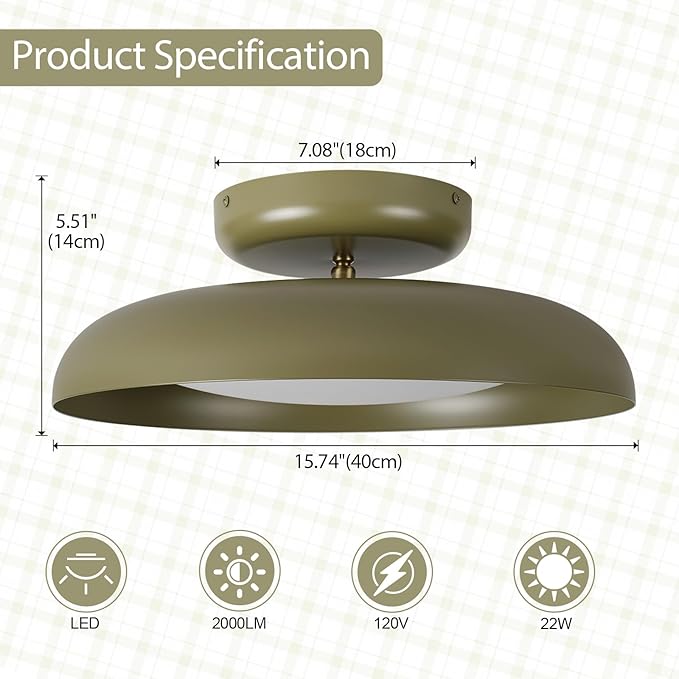 BISAMIYA Dimmable LED 15.7 inch Semi Flush Mount Ceiling Light, Modern Ceiling Light Fixture, Adjustable Angle Brass Accent, for Living Room, Laundry Room, Bedroom, 3000K/Warm White/22W