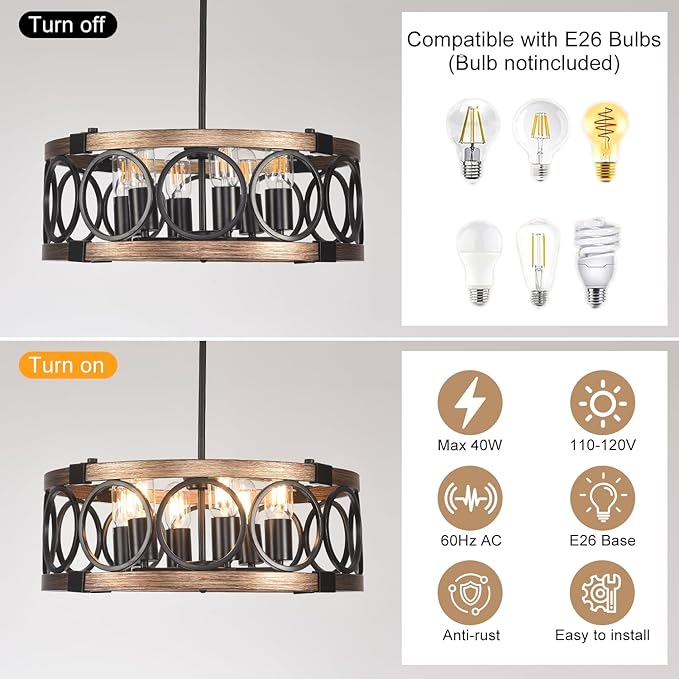 Semi Flush Mount Ceilnig Light,6-Light Farmhouse Chandelier Rustic Light Fixture Ceiling Mount 19.7" Vintage Drum Chandelier for Dining Room Light Fixtures for Kitchen