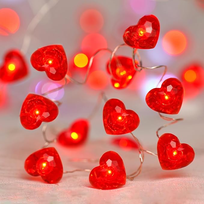 BOHON Valentine Day Decorations 10 ft 40 LEDs String Lights with Remote | Red Heart Shaped Twinkle Fairy Lights Battery Operated for Kids Bedroom Indoor Party Valentine's Day Mother's Day Decor
