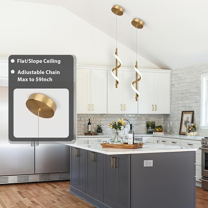 CANEOE 3 Packs Modern Spiral Led Pendant Light Fixture, Cold White 5500K Gold Kitchen Island Pendant Lamp, Adjustable Hanging Light Fixture for Bedroom Living Room Kitchen Sink (Gold)