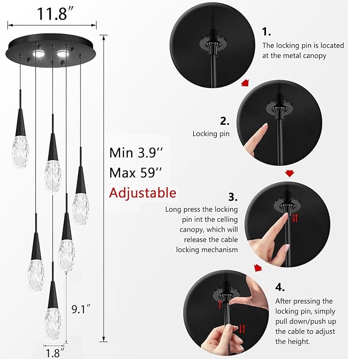 6-Lights Adjustable Pendant Lights for Kitchen Island LED Dimmable Light Fixture Modern Glam Crystal Hanging Lighting for Dining Room Bedroom Black