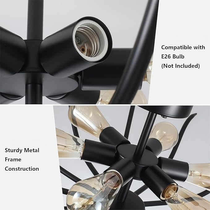 31.5" Semi Flush Mount Black Ceiling Light Fixture, 6-Light Modern Ceiling Living Room Light Fixture, Large Farmhouse Chandelier Dining Room Kitchen Bedroom Entryway Hallway Foyer Light Fixture