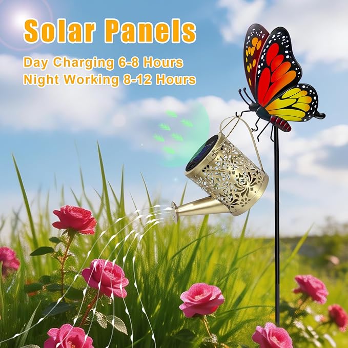Solar Lights Garden Decor, Mothers Day Gifts, Waterproof Solar Watering Can with Butterfly Garden Stakes, Outdoor Light with Cascading Lights for Outside Patio Porch, Birthday Gift for Women 2 Pack