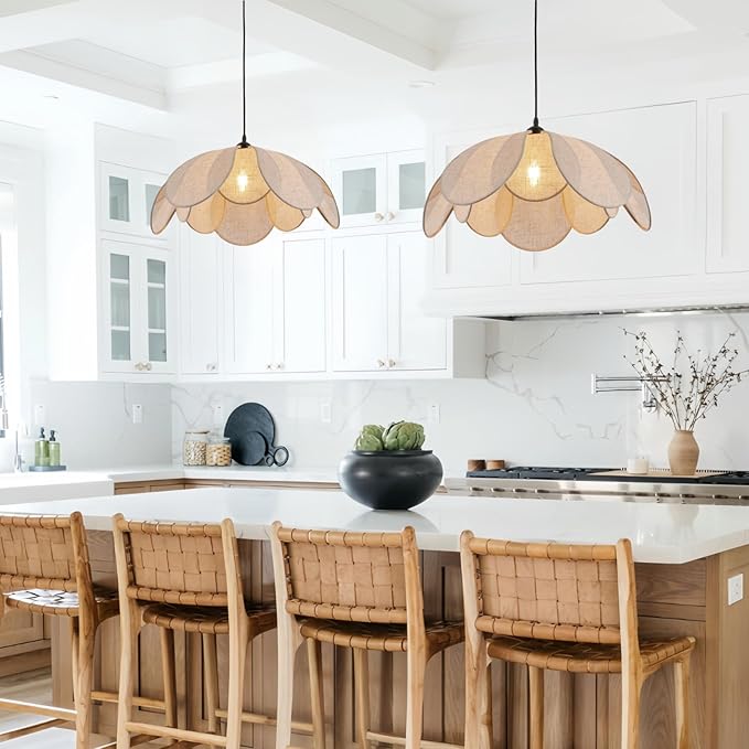 Large Linen Chandelier Fixture, 22in Boho Chandelier Light Fixture, Woven Coastal Rattan Chandelier Fixture, Wicker Hanging Pendant Lights for Dining Room, Kitchen Island, Living Room, Bedroom