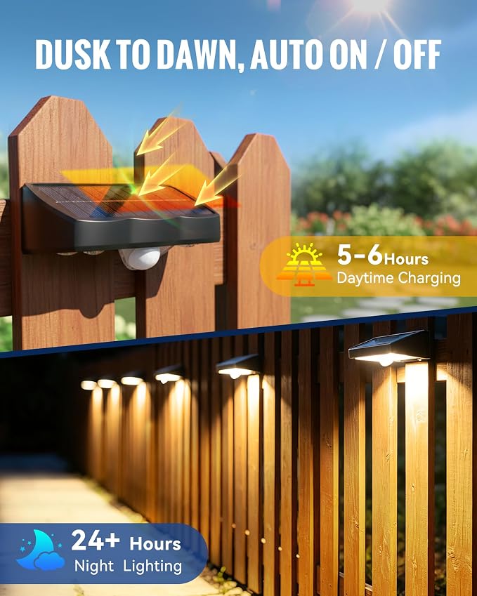 Homecoming Welcome Solar Fence Lights, Motion Sensor 3 Modes, 12 Pack | 4 LED Fence Lights Solar Powered Outdoor Waterproof, Dusk to Dawn Security Wall Light for Garden Patio Yard Railing Pool Wall