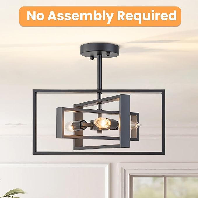 Modern Semi Flush Mount Ceiling Light, 3-Light Black Geometric Square Close to Ceiling Light Fixture, E12 Base Farmhouse Lighting for Hallway Foyer Bedroom