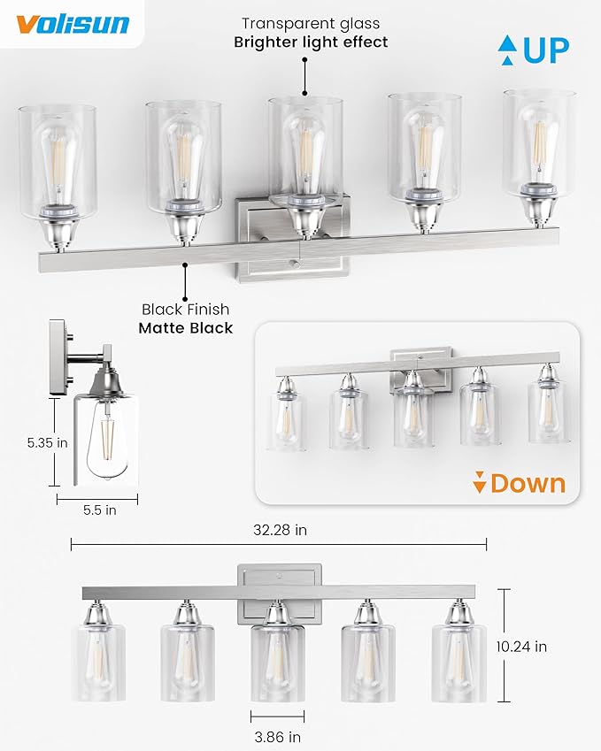 VOLISUN Bathroom Light Fixtures, Bathroom Vanity Light Over Mirror, Modern Vanity Lights for Bathrooms, Bathrooms Lights Fixtures Over Mirror with Clear Glass Shades