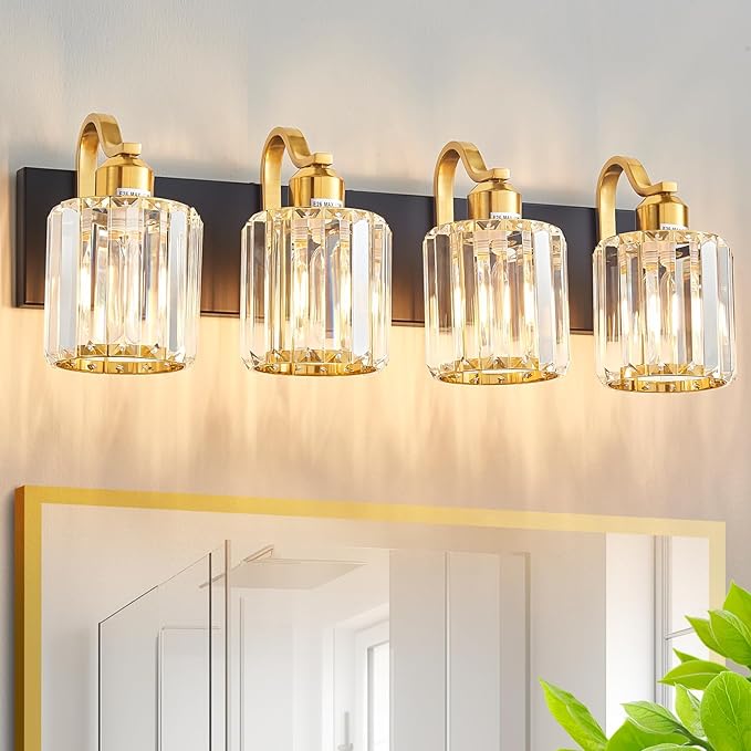 4 Light Crystal Vanity Lights for Bathroom, Modern Matte Black and Gold Wall Lighting Fixtures with Crystal Round Shade Over Mirror (Exclude Bulb)