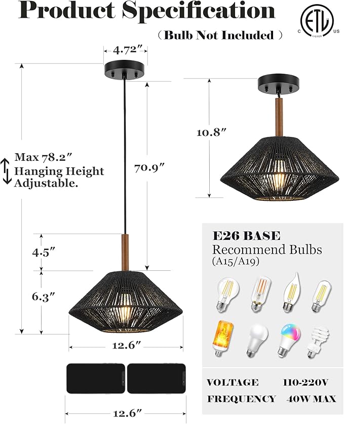 ELYONA 12.6" Modern Pendant Light Fixtures, Black Woven Pendant Light with Solid Ash Wood, Hanging Light for Kitchen Island, Farmhouse Boho Rattan Ceiling Light for Dining Room Bedroom Living Room