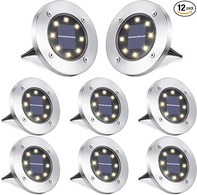 LYHOPE Solar Ground Lights Outdoor, 8 Pack 8 LED Solar Disk Lights Waterproof Garden In-ground Pathway Light Landscape Lighting for Lawn,Yard,Deck,Patio,Walkway (Warm White)