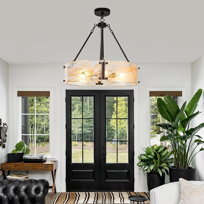 WILON Chandeliers for Dining Room, Modern Glass Pendant Light Fixtures,6-Light Foyer Kitchen Lighting Fixtures Textured Hanging Lights for Bedroom, Bathroom, Laundry Room, Entryway, Hallway (Black)