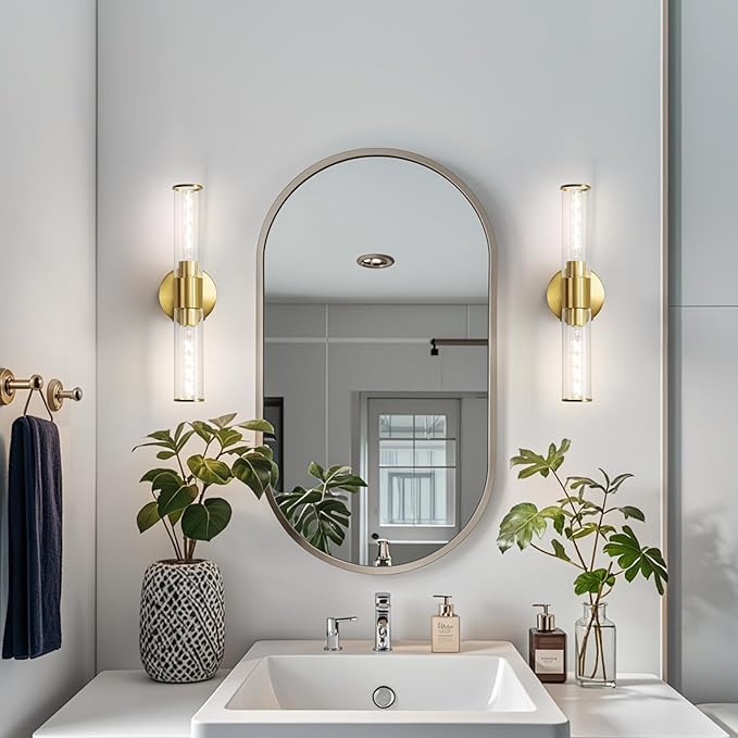 18" Wall Sconces Set of Two Hardwired Glass Gold Vanity Lights for Bathroom LED Wall Lights for Living Room Hallway (2 Pack)