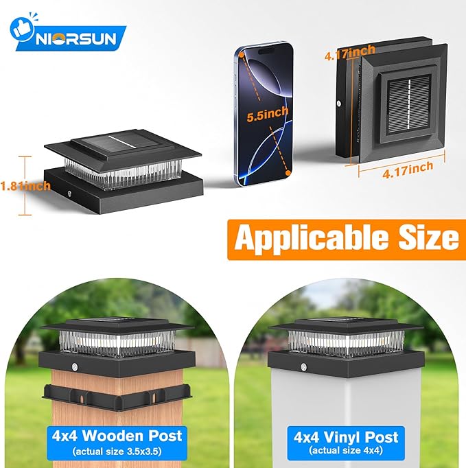 NIORSUN Solar Post Cap Lights Outdoor Waterproof, 4x4 Post Solar Lights 2 Color Modes, Fence Posts Solars Light for Deck Patio Garden Decoration, 4x4 Posts Caps Wood Vinyl, 16 Pack (Black)