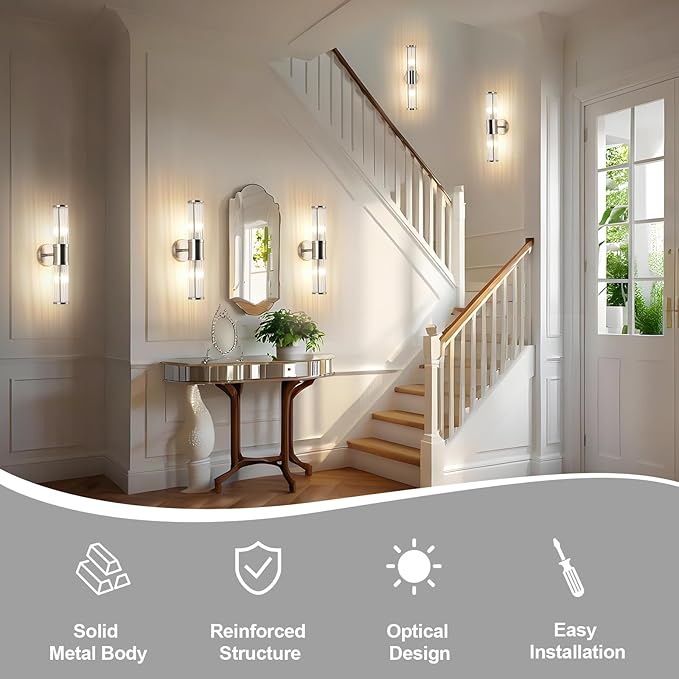 Dual Sconce Vanity Set of 2, Brushed Nickel Wall Light with Clear Glass Rods Shape, Industrial Vanity Lighting for Bathroom Mirror and Modern Bedroom