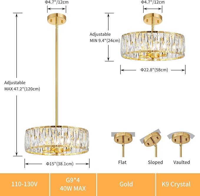 K9 Crystal Chandeliers, 4-Light Modern Pendant Light Fixture for Living Room, Dinning Room, D15 × H9~47inch(Adjustable Height), Gold Finish Frame & K9 Crystal
