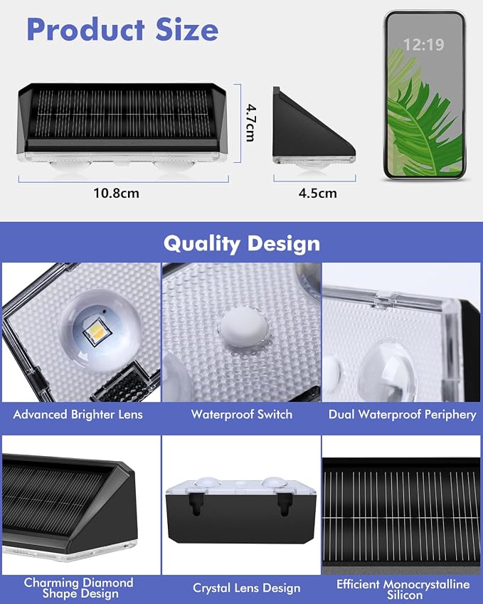 Solar Fence Lights Outdoor 12 Pack, IP65 Waterproof Fence Lights Solar Powered, 3 Modes(Warm/Neutral/Cool White) Solar Deck Light with Auto ON/OFF, LED Lens for Deck/Wall/Step/Patio/Pool/Backyard