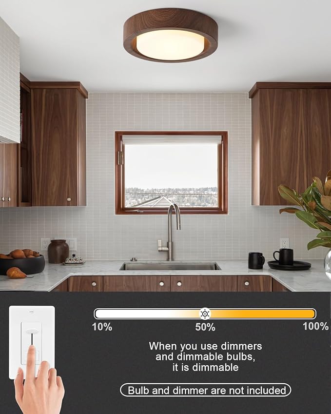 Walnut Wood Flush Mount Ceiling Light Fixture,13 Inch Ceiling Light with Frosted Glass Shade,High Deep Profile Round Ceiling Lights for Hallway Bedroom Closet Livingroom