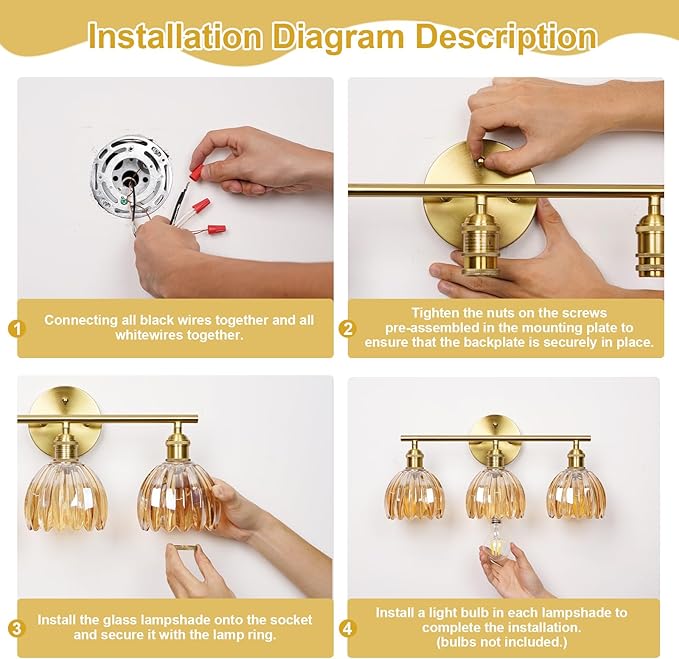 Vintage Bathroom Light Fixtures,3-Light Hardwired Vanity Lights with Clear Tulip Glass Shade,Gold Bathroom Vanity Light for Mirror Restroom,E26 Socket,18.5 in(Bulbs Not Included)