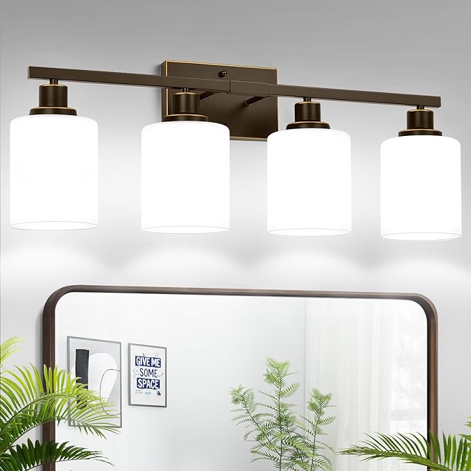MOKATNG 4-Light Bathroom Light Fixtures, Vanity Light with Milky White Shades, Oil-Rubbed Bronze Bathroom Light Fixtures Over Mirror, Modern Bathroom Wall Lamp for Mirror Living Room Cabinet Bedroom