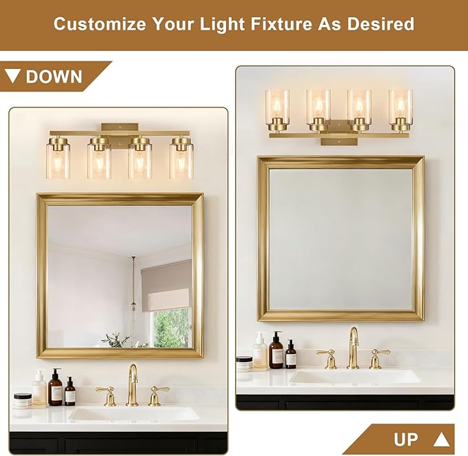 IZORRO Modern Bathroom Light Fixtures, 4 Light Brushed Gold Vanity Lights, Bathroom Lighting Fixtures Over Mirror with Clear Glass for Living Room Cabinet Bedroom