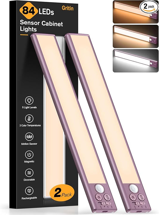 Gritin 10.2inch Under Cabinet Lighting Rechargeable 2 Pack- 3 Color Temps&5 Level Brightness, Super Bright, 4 Modes, Motion Sensor, Long Lasting - Easy Installation Magnetic Under Closet Lights-Mauve