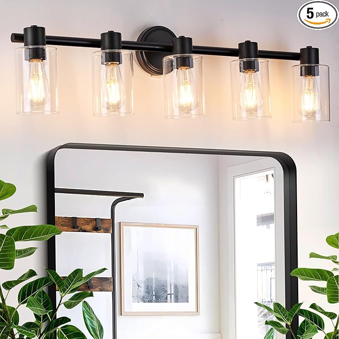 5 Light Bathroom Wall Light Fixtures Black Bathroom Wall Sconce with Clear Glass Lights Over Mirror Vanity Lights E26 Base
