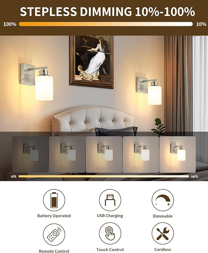 Rayogale Wireless Wall Sconces, Nickel Battery Operated Wall Sconce Set of 2 with Timer Function, Easy Install Dimmable Rechargeable Wall Lamps for Living Room, Bedroom, Hallway, Entryway Decor 3000K