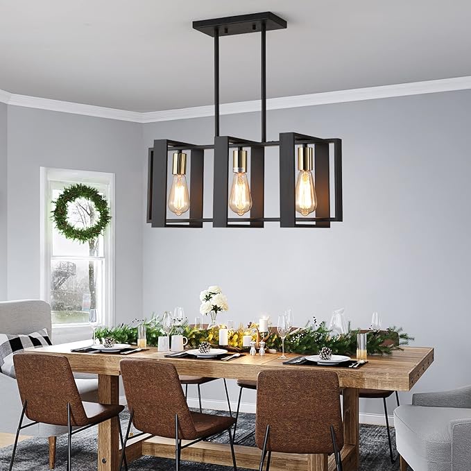 23.6" Island Lighting,3 Lights Dining Room Chandelier, Linear Kitchen Island Lighting for Pool Table Living Room, Foyer Hallway,E26, Black Wood Frame