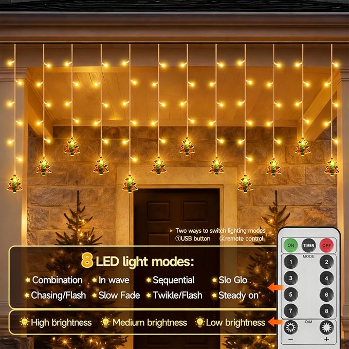 Curtain String Light Christmas Decoration Icicle Lights 8 Modes dimmable,108 LEDs 4M Christmas and Halloween String Lights for Home,Office,Party,bar,Holiday,Party (Warm White)