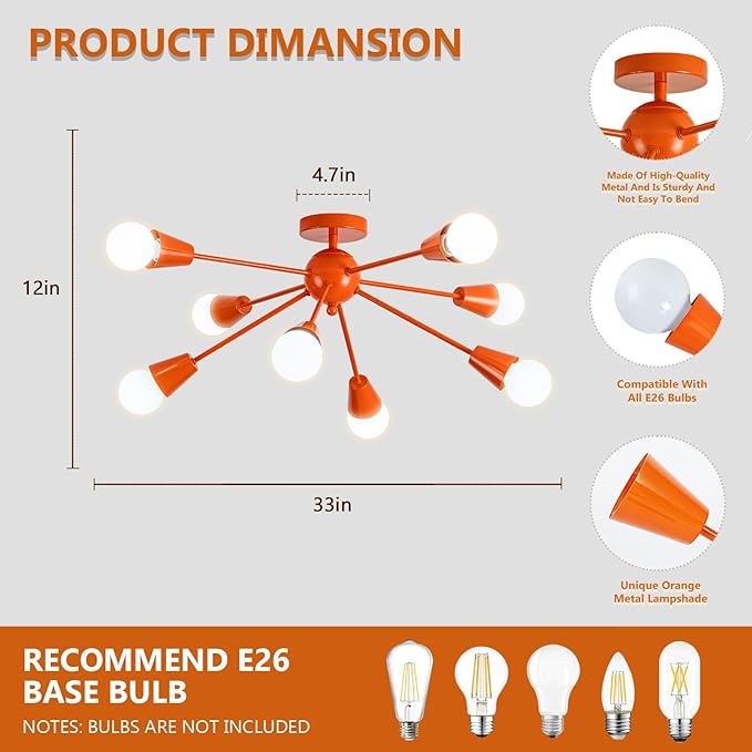 Sputnik Ceiling Light Fixture, 33”Orange Kids Ceiling Lights, 8-Light Modern Sputnik Chandeliers for Living Room Nursery Playroom Room Bedroom Kitchen Dining Room and Entryway(E26)