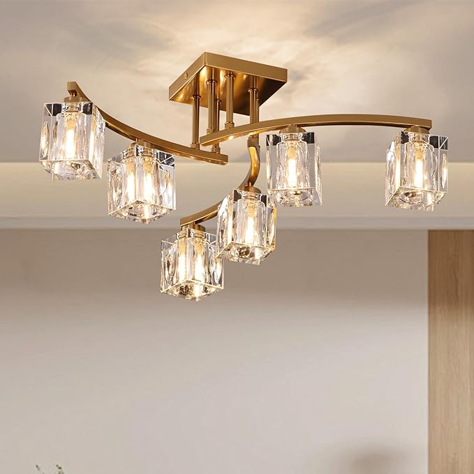 6-Lights Semi Flush Mount Ceiling Light Black and Gold Ceiling Fixture Farmhouse Dining Room Light Fixture with K9 Crystal Shades Modern Chandelier for Living Room Bedroom Entryway