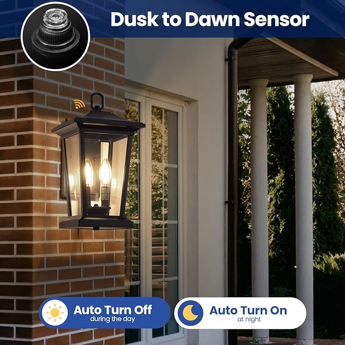 Dusk to Dawn Outdoor Wall Lantern, Large Exterior Wall Sconce Light Fixture with E12 Base, Waterproof Wall Mount Light, Outdoor Wall Light for Porch