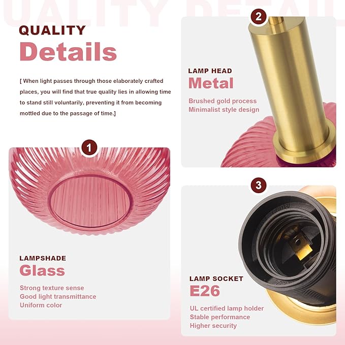 Hanging Pendant Light Plug in 2 Pack, Mid Century Modern Gold Hanging Lights with 14.75Ft Plug in Cord, Pink Striped Glass Ceiling Hanging Lamp for Kitchen Dining Room Living Room Bedroom