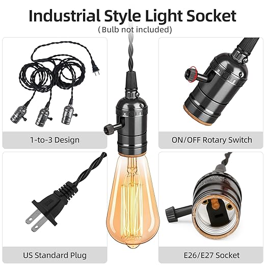 Vintage Plug-in Pendant Light Kit with 1-to-3 Hanging E26/E27 Sockets, Industrial Hanging Light with Individual Rotary Switches, Easy DIY Lighting for Living Room, Patio and Plant Corners, Black