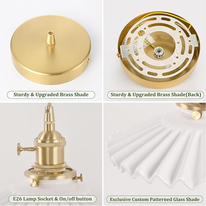 Shenmoyl Pendant Light 2 Pack with White Pleated Ceramic Lmapshade, Brass Vintage Pendant Light Adjustable Hanging Light for Kitchen Island Dining Room Hallway