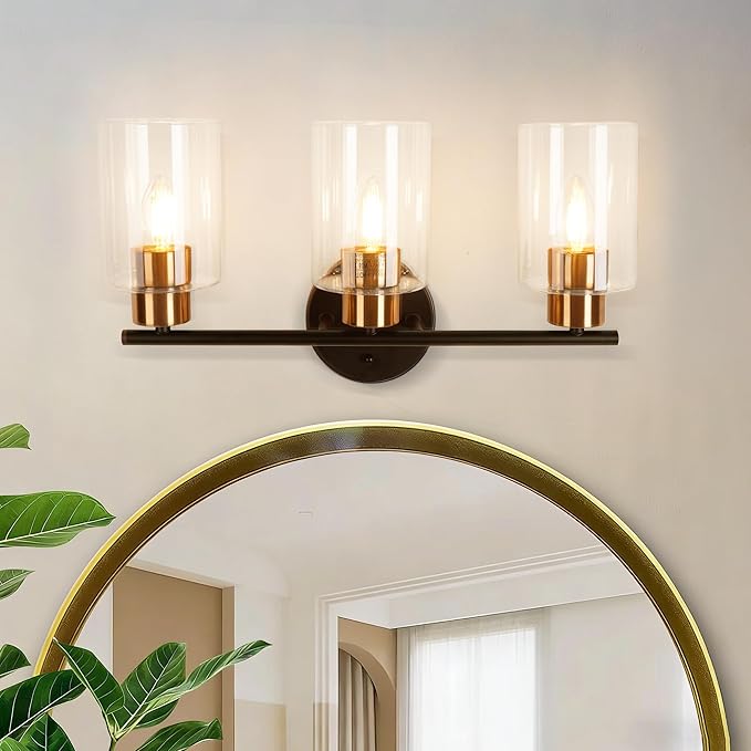 Bathroom Vanity Light, 3-Light Wall Sconce, Modern Matte Black and Gold Brushed Brass with Clear Glass Classic Lamp for Dressing Table, Bathroom Light Fixtures Over Mirror Bedroom Hallway