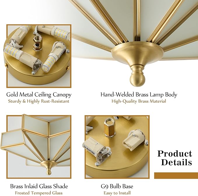 Star Brass Glass Ceiling Light - Small 12 Inch Gold Milk Flush Mount Fixture - Unique Art Deco Vintage Modern Lighting Lights for Bedroom Dining Foyer Entryway Hall Hallway Outdoor Porch