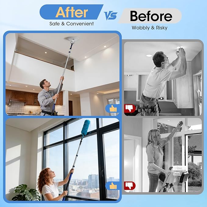 Light Bulb Changer for High Ceilings, 3.4-12.4FT Extension Pole Telescopic Extension Poles for Cleaning, Ceiling Fan Cleaner Duster Kit with Baskets, Suction Cup, Plush Brush for Roof Window Cleaning