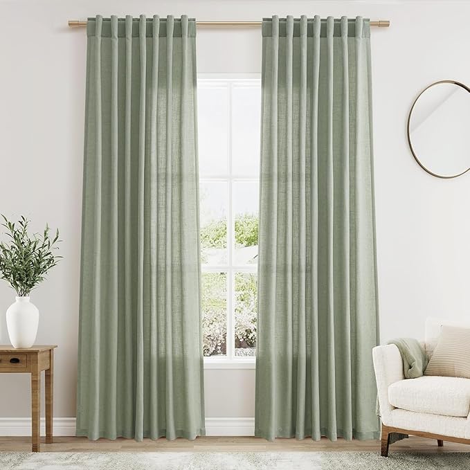 Desert Sage Linen Curtains 80 Inch Length for Living Room Light Filtering Semi Sheer Curtain Back Tab Rustic Farmhouse Decor Elegant Luxury Boho Drapes for Bedroom Dinner Room 52x80, 2 Panels