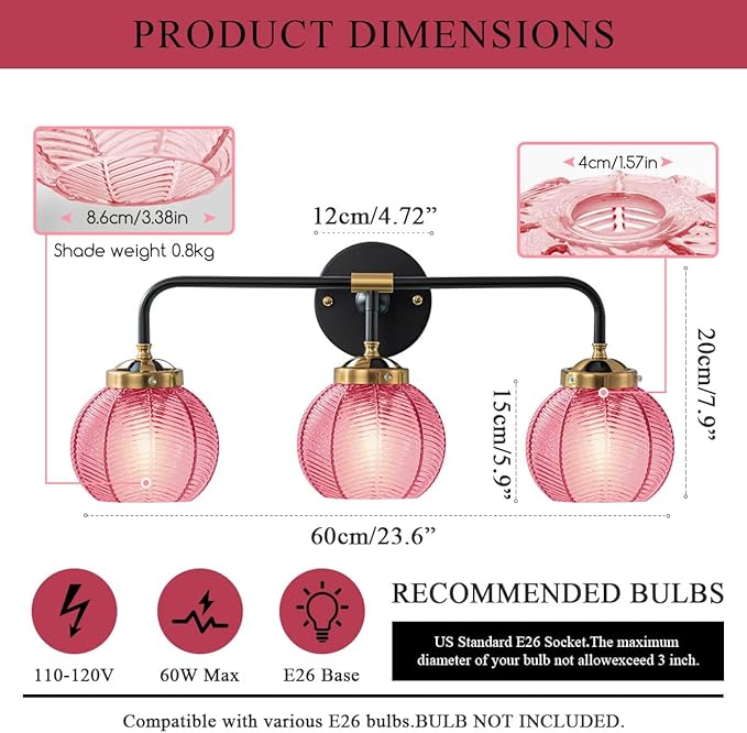 Glass Bathroom Vanity Light Red Ribbed Glass Wall Light Fixtures 3-Light 23.6 Inch Mid Century Bathroom Lights Fixture Globe Vanity Lamp Over Mirror Wall Sconce for Bedroom Hallway