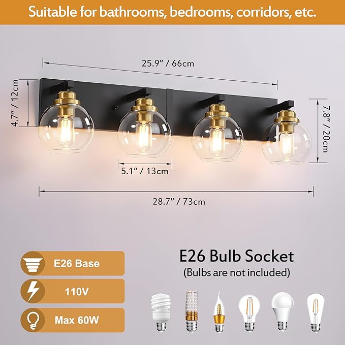 4-Light Bathroom Vanity Light Fixture Over Mirror, Bathroom Light Fixutre Matte Black & Gold Finish with Globle Clear Glass E26 Base Bulbs Not Included for Bathroom, Hallway, Bedroom, Living room