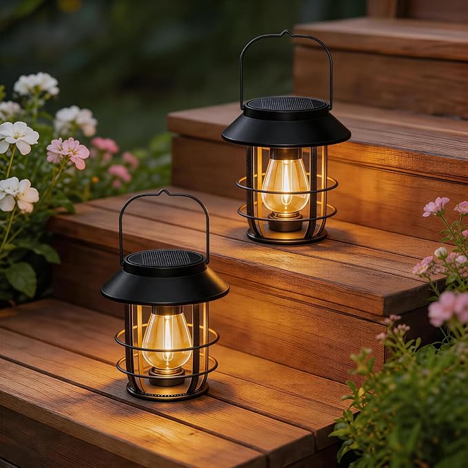 Solar Lanterns Outdoor Waterproof, High Brightness Hanging Solar Lights for Outside with Wall Hooks, Halloween Decor Retro Metal Outdoor Lanterns Auto On/Off for Patio, Yard Decor, Black, 4Pack