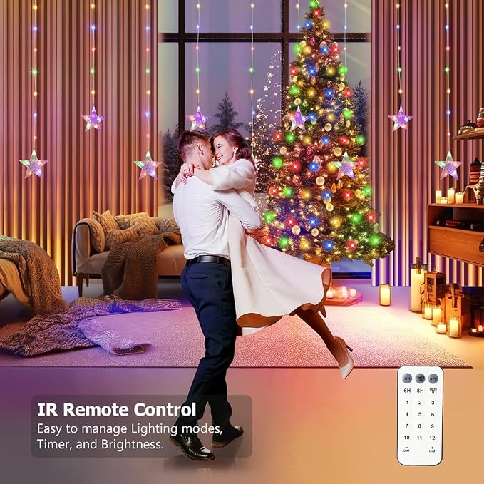 Star Curtain Lights Battery Powered, 10ft x 3.3ft Warm White & Multicolor Twinkle Fairy String Lights Curtain, Timer & IR Remote for Bedroom Backdrop Indoor Outdoor Christmas Party Decor